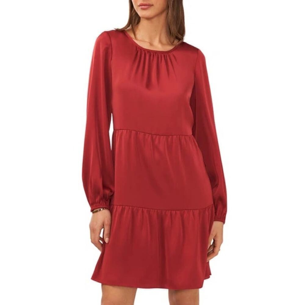 Halogen Satin Dress Long Sleeve Jewel Neck Tiered Swing Mini Earth Red NWT Large